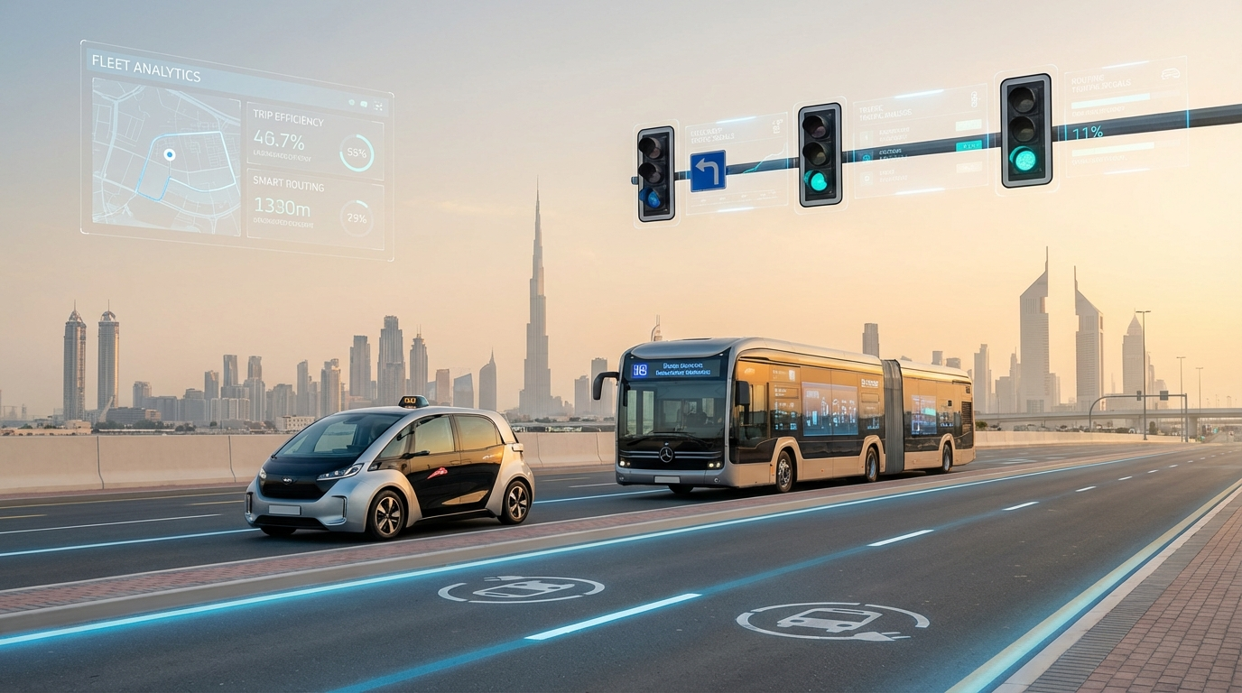 AI automation improving Dubai transportation, RTA traffic control, connected fleets, and smart mobility planning